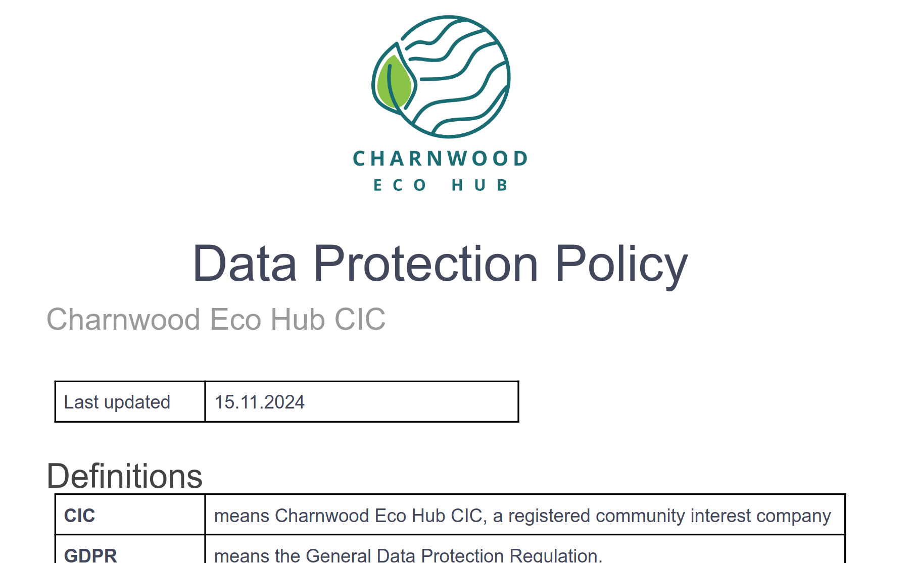 Charnwood Eco Hub Data Protection Policy